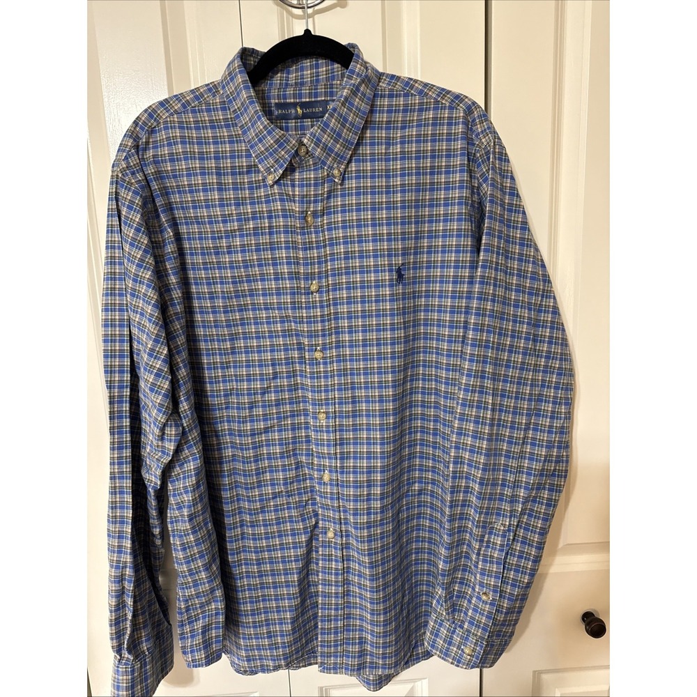 Men's‎ Ralph Lauren Blue Plaid Long Sleeve Button Down Short Size XXL 2XL